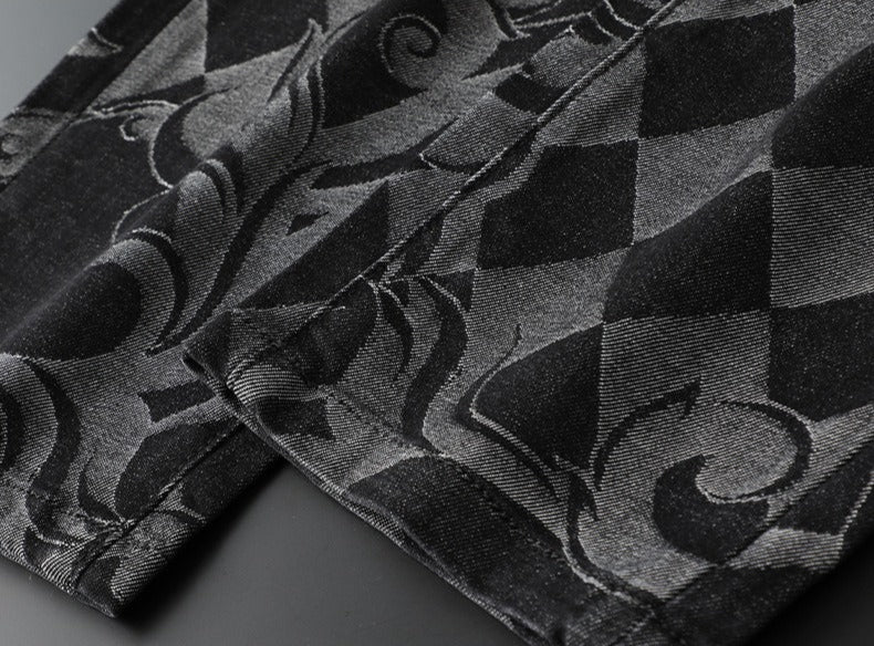 Durable men's denim jeans, comfort fit, with eye-catching etched design. Premium flexible pants.