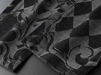 Durable men's denim jeans, comfort fit, with eye-catching etched design. Premium flexible pants.