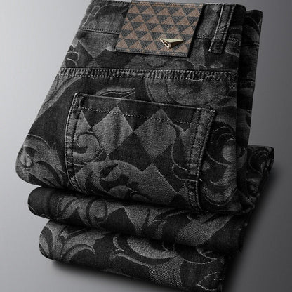 Stylish men's denim jeans featuring an elegant etched design and comfort fit. Perfect for men's fashion.