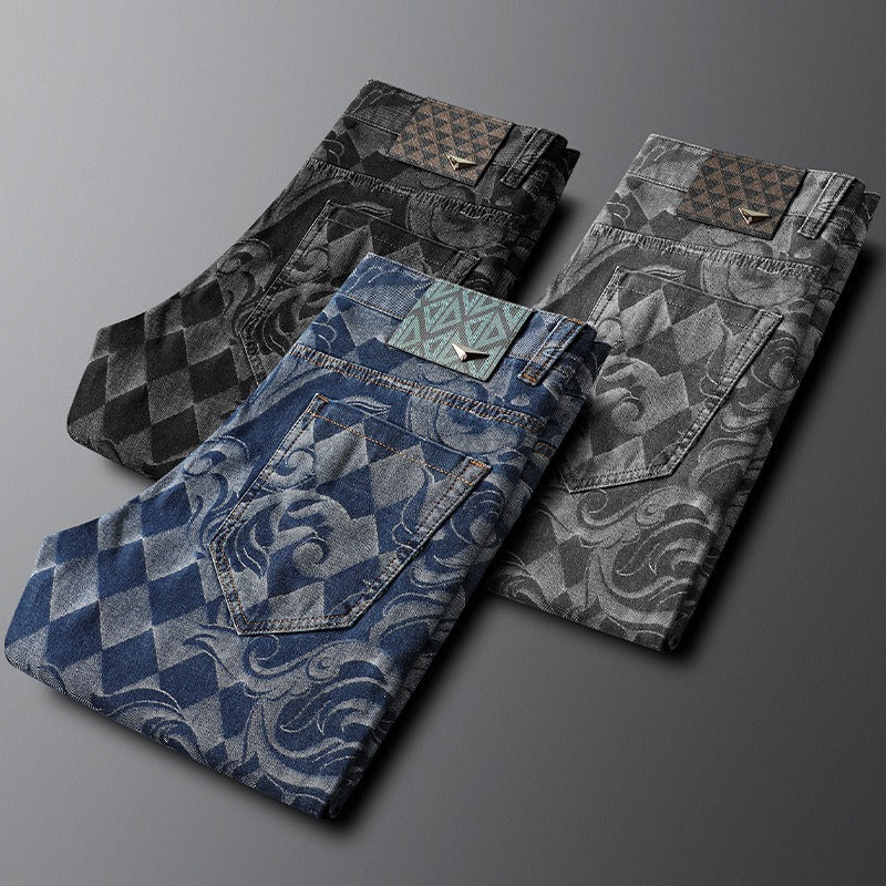 Casual men's stretch denim jeans with intricate etched design. Comfort fit for everyday style.