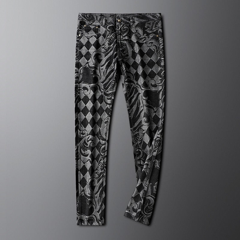 Premium men's comfort fit stretch denim jeans with distinctive etched detailing. Wrinkle-resistant.
