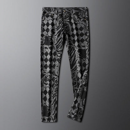 Premium men's comfort fit stretch denim jeans with distinctive etched detailing. Wrinkle-resistant.