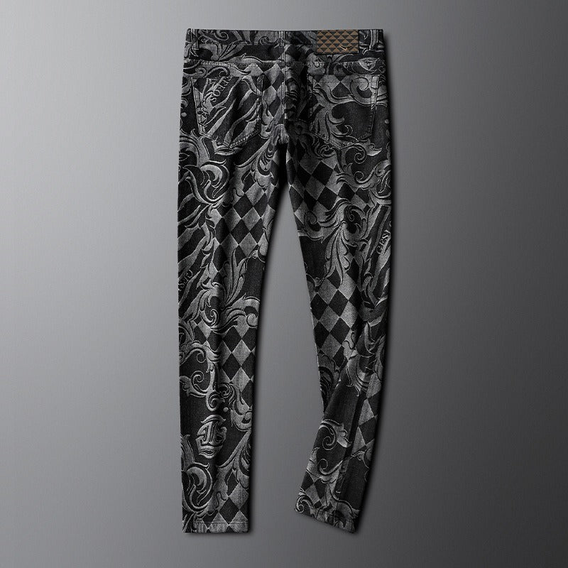 Wrinkle-resistant men's stretch denim jeans, comfort fit, with unique etched design. Flexible pants.