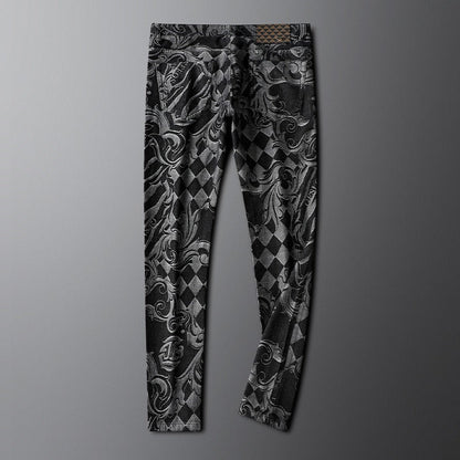 Wrinkle-resistant men's stretch denim jeans, comfort fit, with unique etched design. Flexible pants.