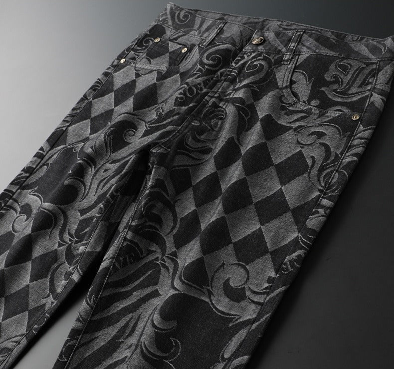 Full shot: Men's comfort fit stretch denim jeans, showcasing etched design. Flexible & stylish denim.