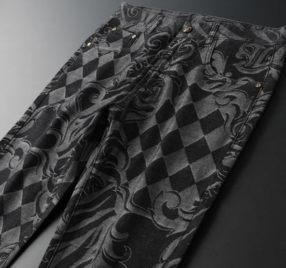 Full shot: Men's comfort fit stretch denim jeans, showcasing etched design. Flexible & stylish denim.