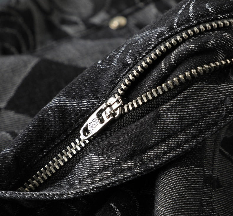 Detail view: Etched design on premium men's stretch denim jeans. Comfort fit for modern men's fashion.