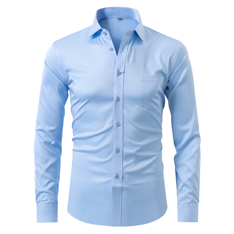 Elegant men's button-up dress shirt with long sleeves, suitable for office & formal wear.