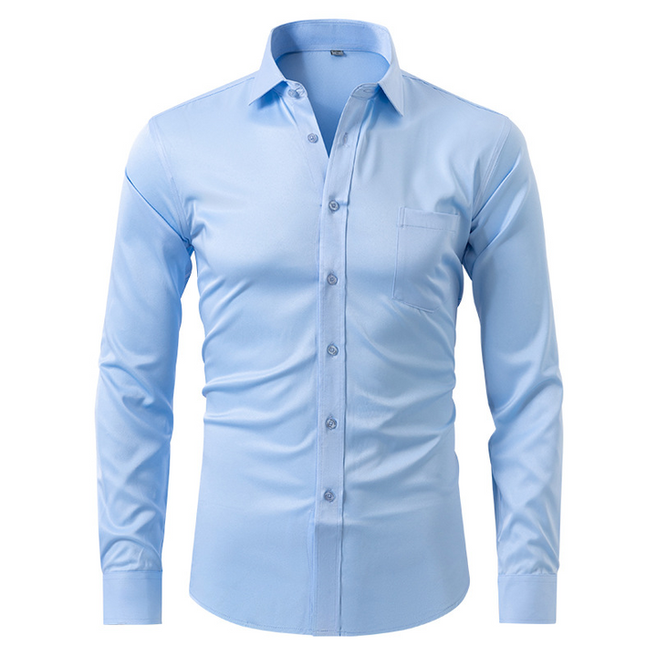 Elegant men's button-up dress shirt with long sleeves, suitable for office & formal wear.