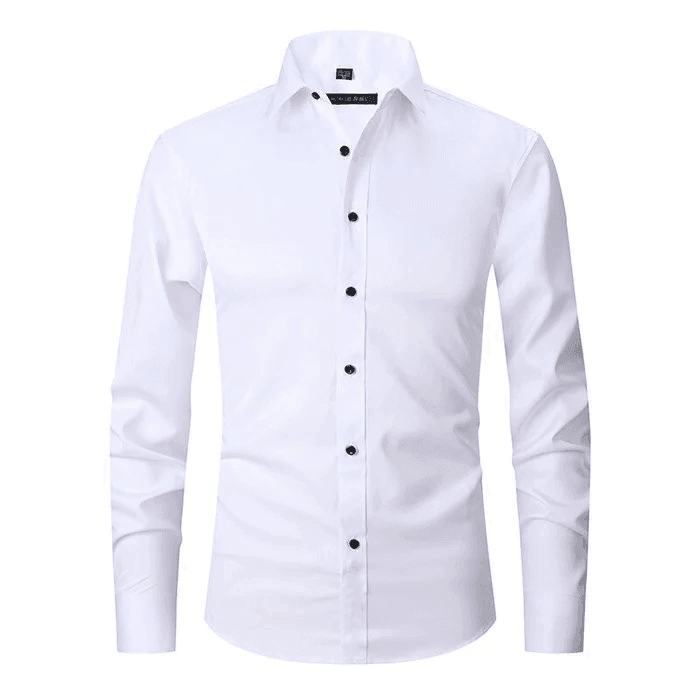 Long sleeve men's stretch dress shirt, slim fit for business & office wear.