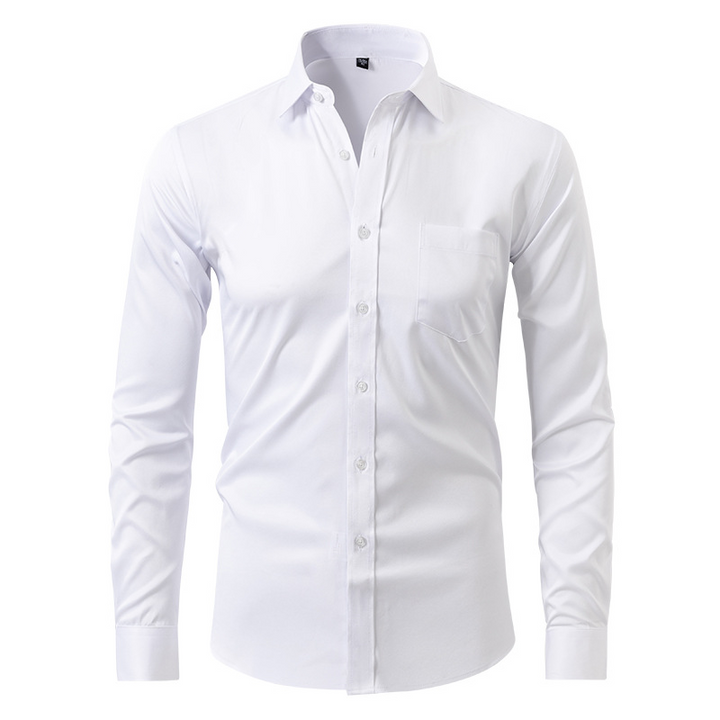 Professional men's stretch dress shirt with long sleeves, offering ultimate comfort & style.
