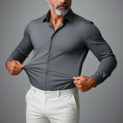 Wrinkle-free men's stretch dress shirt, ideal for travel & busy workdays. A must-have business casual long sleeve.