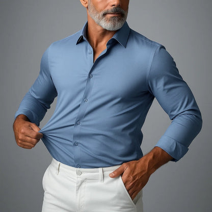 Stylish men's slim fit button-up shirt, versatile for both formal events & smart casual outfits. Comfortable stretch fabric.