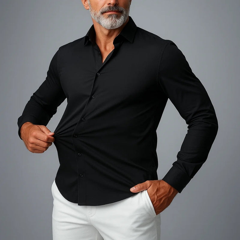 Premium men's stretch slim fit dress shirt, a comfortable button-up long sleeve designed for a sleek and tailored appearance.