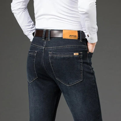Comfortable men's stretch straight leg denim jeans, perfect for everyday wear and casual fashion.