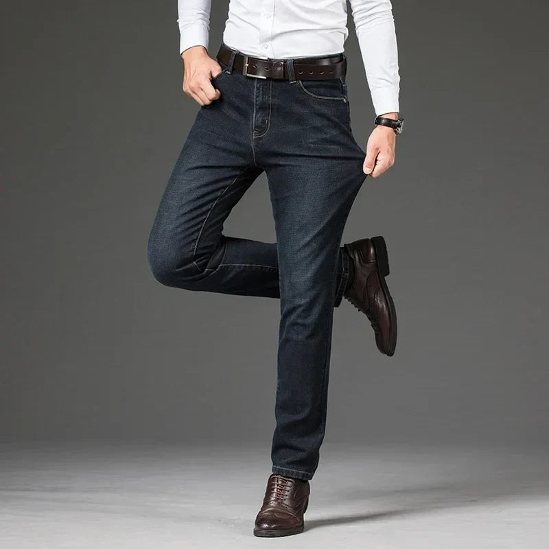 Stylish men's straight leg denim jeans, featuring stretch denim for versatile and wrinkle-resistant fashion.