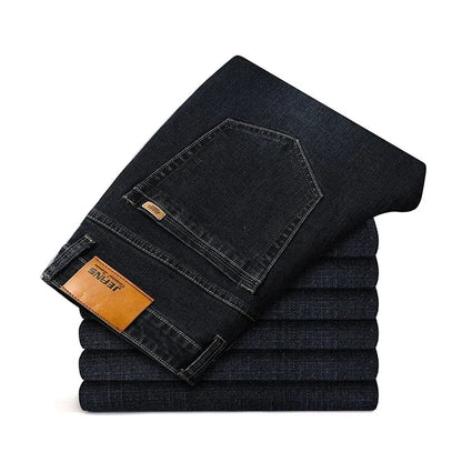 Casual men's straight leg denim jeans crafted from comfortable stretch denim for all-day wear.