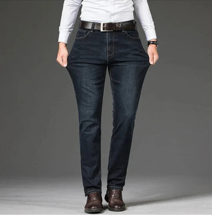 Durable men's stretch straight leg denim jeans, designed for comfort and everyday casual style.