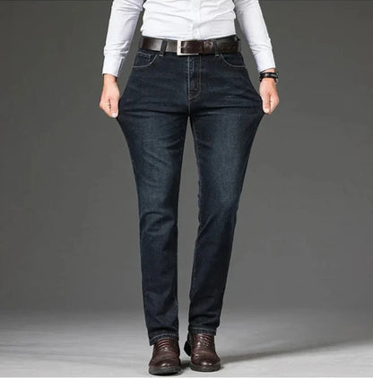 Durable men's stretch straight leg denim jeans, designed for comfort and everyday casual style.