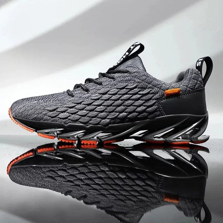 Close-up of StrideMax men's athletic shoe showing comfortable, supportive, and flexible design.