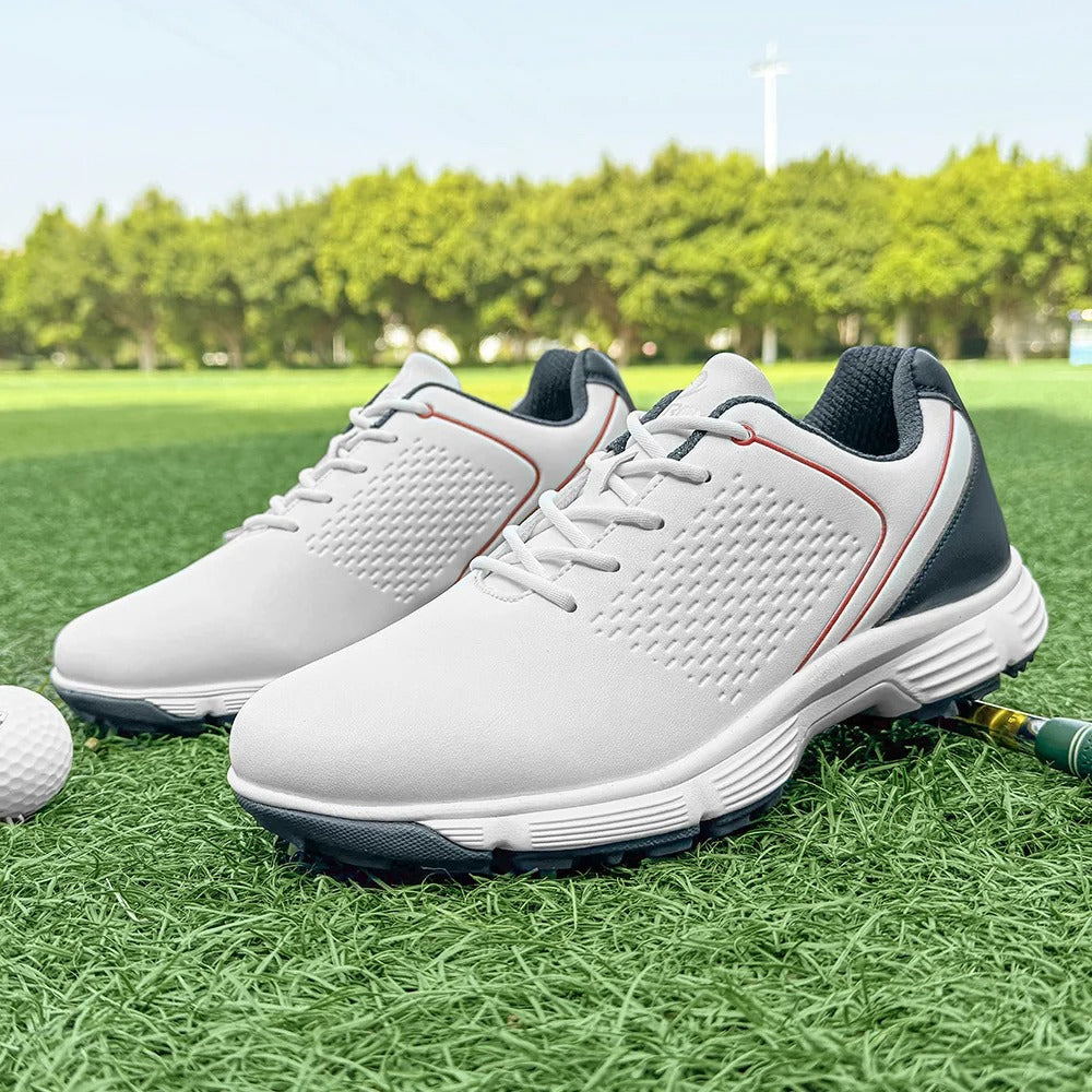 Water resistant Striker Pro men's golf shoes, keeping feet dry & comfortable.