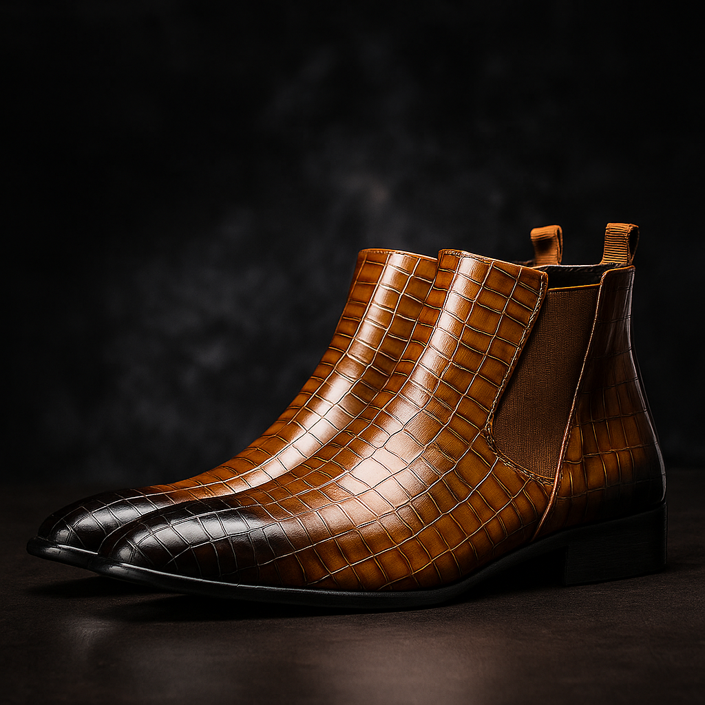 Men's striking snakeskin Chelsea boots, featuring a luxurious exotic pattern and sleek design.