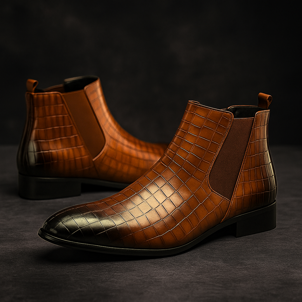 Close-up of men's exotic snakeskin Chelsea boots, highlighting unique texture and premium craftsmanship.