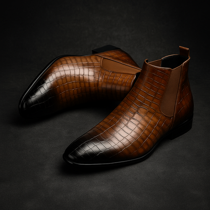 Stylish men's brown snakeskin Chelsea boots, perfect dress boots for a comfortable and fashion-forward look.