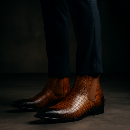 Sleek black snakeskin men's Chelsea boots, comfortable slip-on design for modern sophisticated style.