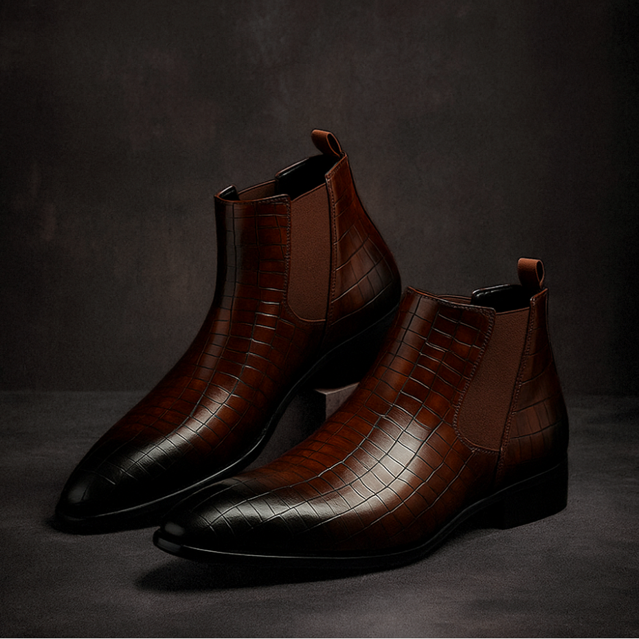 Full view of fashionable men's exotic snakeskin Chelsea boots, offering a comfortable and unique footwear choice.