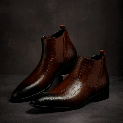 Full view of fashionable men's exotic snakeskin Chelsea boots, offering a comfortable and unique footwear choice.