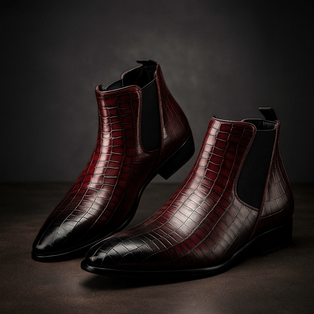 Men's slip-on snakeskin Chelsea boots, a versatile and stylish choice for any dressy or fashion event.