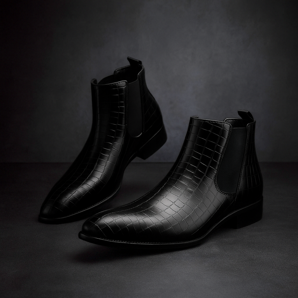 Elegant men's exotic snakeskin Chelsea boots, combining dress boot appeal with ultimate comfort and style.