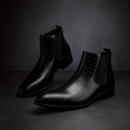 Elegant men's exotic snakeskin Chelsea boots, combining dress boot appeal with ultimate comfort and style.