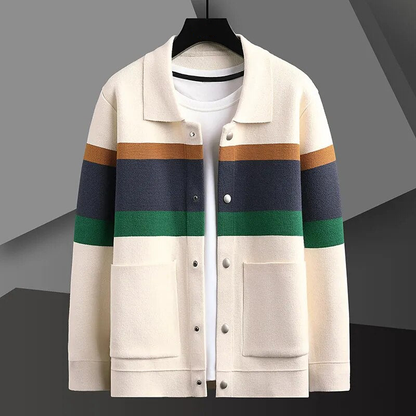 Men's striped button-up cardigan for casual wear. Comfortable and stylish knit sweater, perfect for layering.