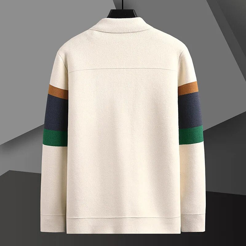 New arrival men's fashion cardigan with classic stripes and front buttons. Soft knitwear for everyday comfort.
