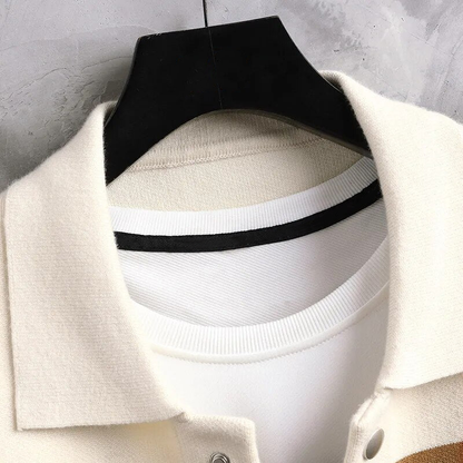 Stylish men's button-up cardigan featuring a bold striped pattern. Ideal casual outerwear for modern layering.