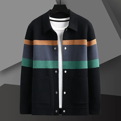 Comfortable men's striped button-up cardigan. Versatile knit sweater for casual fashion and easy layering.