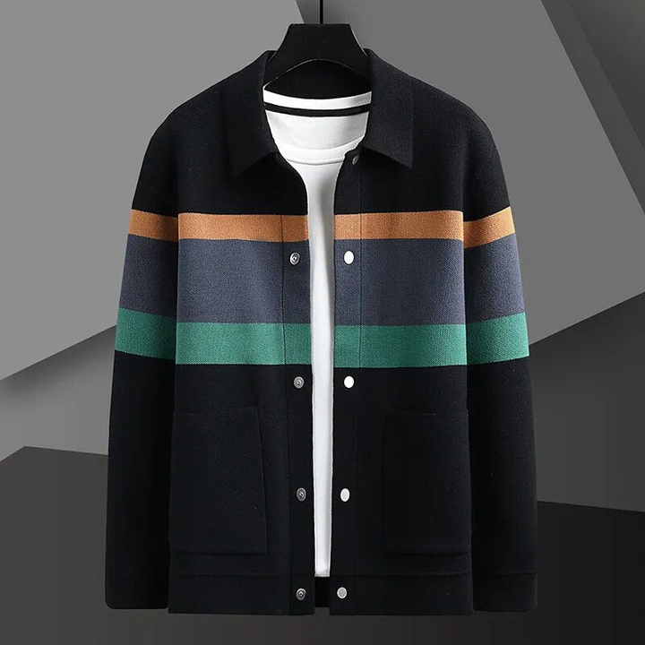 Comfortable men's striped button-up cardigan. Versatile knit sweater for casual fashion and easy layering.