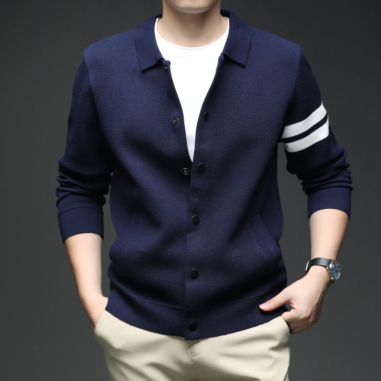 Men's striped collar cardigan jacket with button front, a versatile transitional outerwear piece.