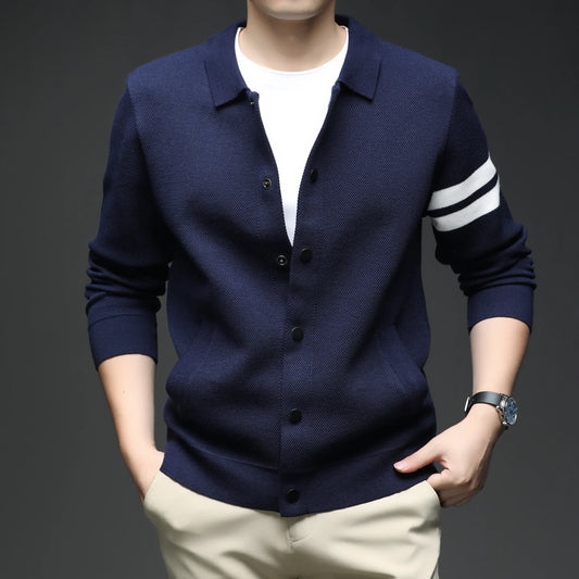 Men's striped collar cardigan jacket with button front, a versatile transitional outerwear piece.