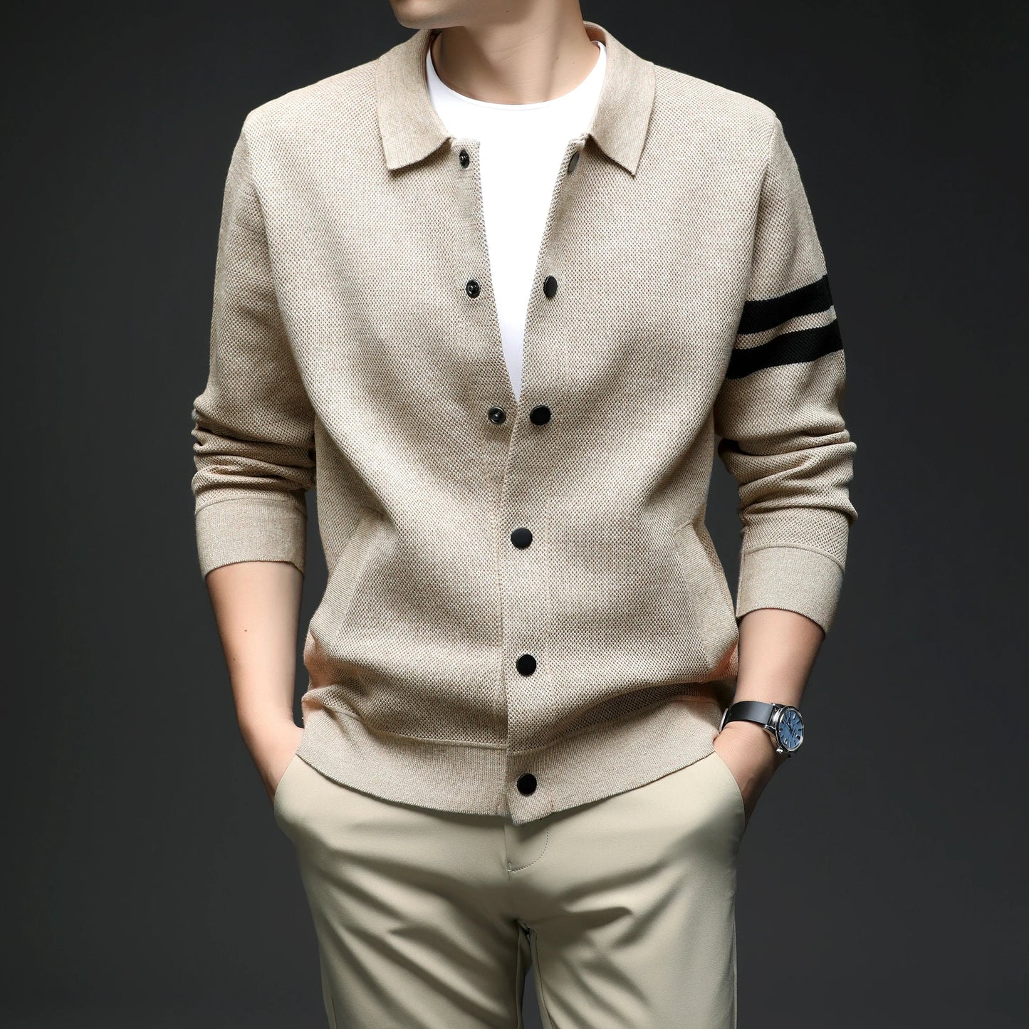 Sophisticated men's long sleeve striped collar cardigan, perfect as a light jacket for transitional weather.