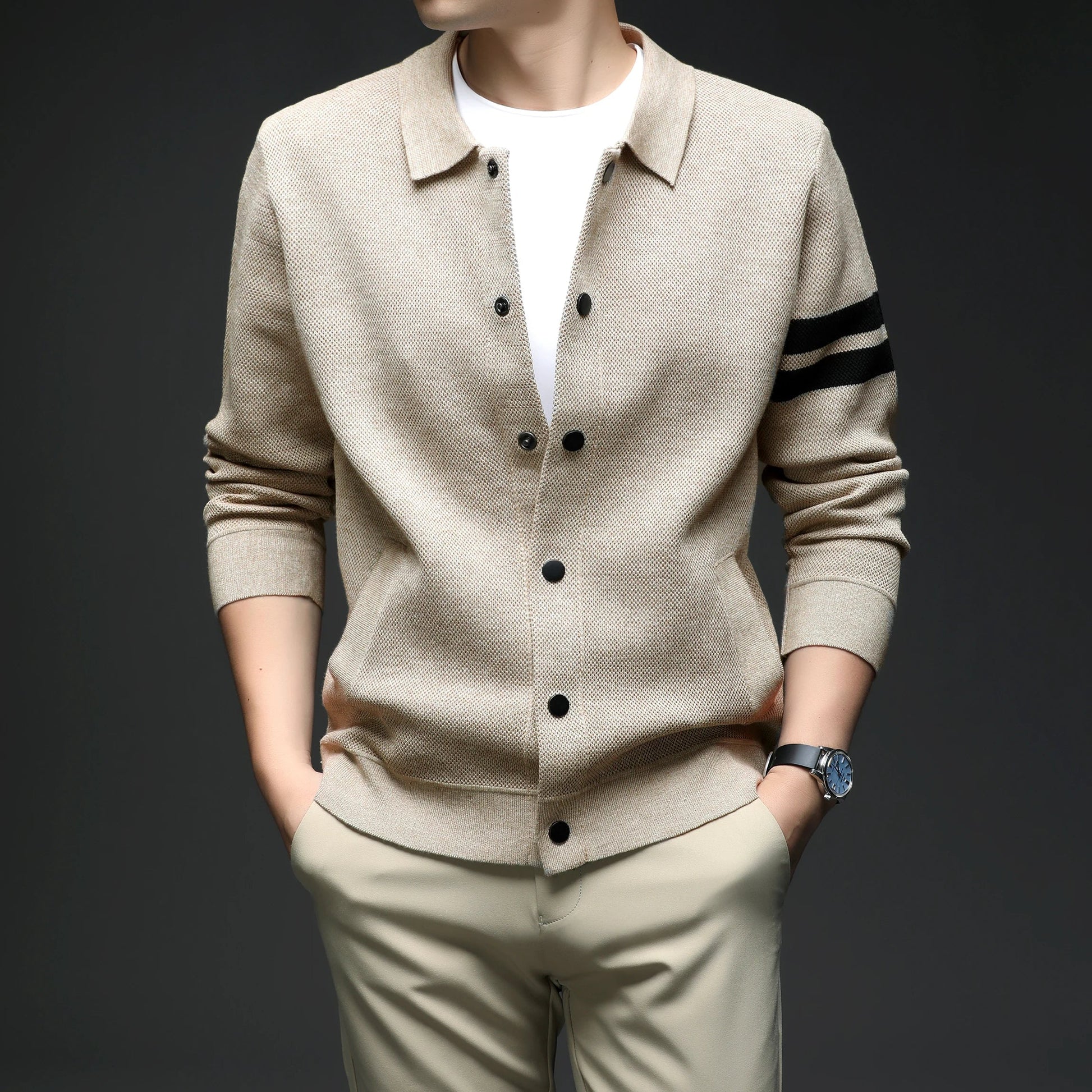 Sophisticated men's long sleeve striped collar cardigan, perfect as a light jacket for transitional weather.