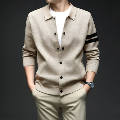 Sophisticated men's long sleeve striped collar cardigan, perfect as a light jacket for transitional weather.