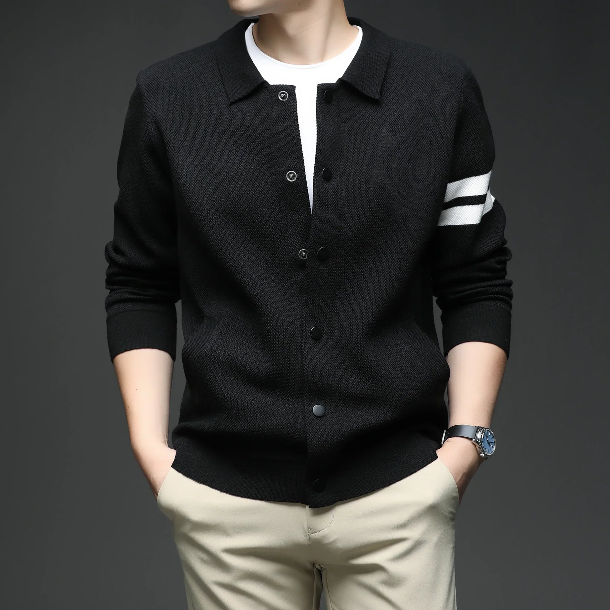 Elegant men's striped collar cardigan jacket, a comfortable long sleeve top for modern men's fashion.