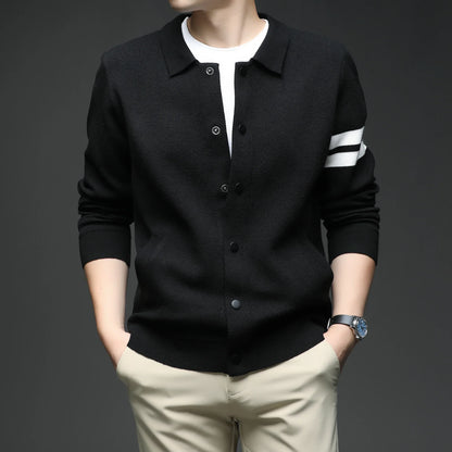 Elegant men's striped collar cardigan jacket, a comfortable long sleeve top for modern men's fashion.
