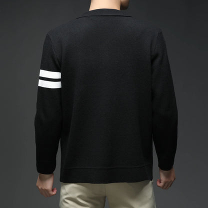 Men's transitional outerwear: a striped collar cardigan jacket with buttons, ideal for light layering.