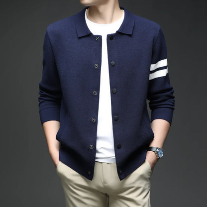 Stylish men's striped collar cardigan, a light jacket with long sleeves and button front for versatile wear.