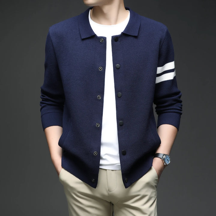 Stylish men's striped collar cardigan, a light jacket with long sleeves and button front for versatile wear.