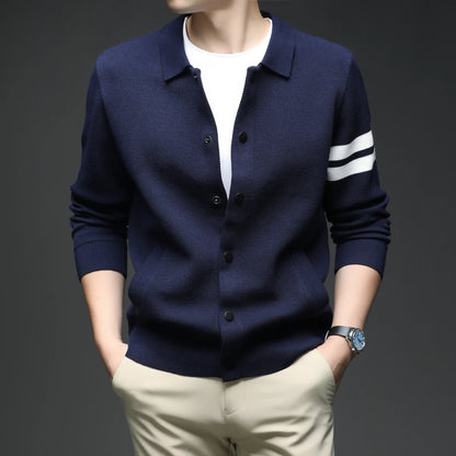 Versatile men's striped collar cardigan jacket, offering a sophisticated casual look and light warmth.